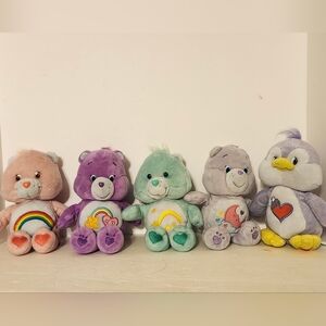 5 Care Bears Plush Set - Purple, Green, Gray, Pink, Yellow Accents